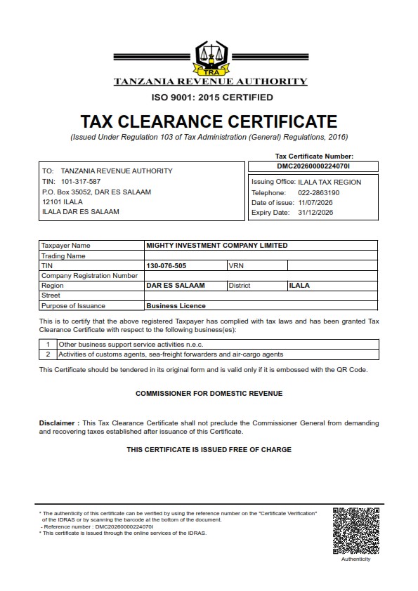 Tax Clearance Certificate — scanned certificate