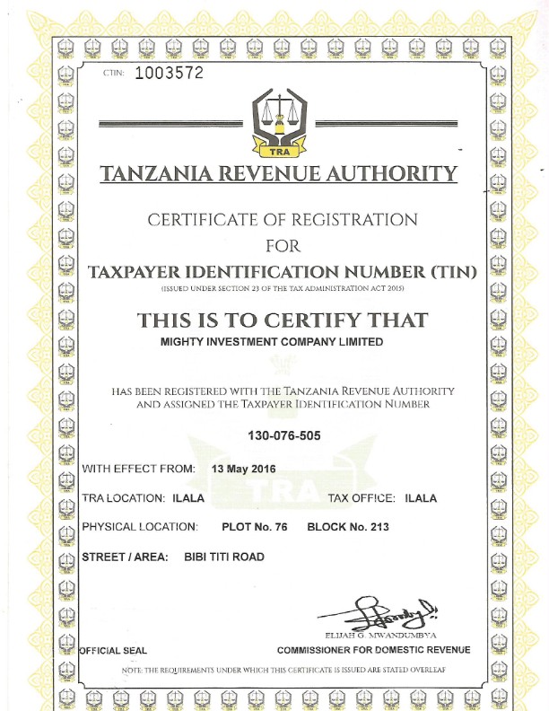 Taxpayer Identification Number (TIN) — scanned certificate