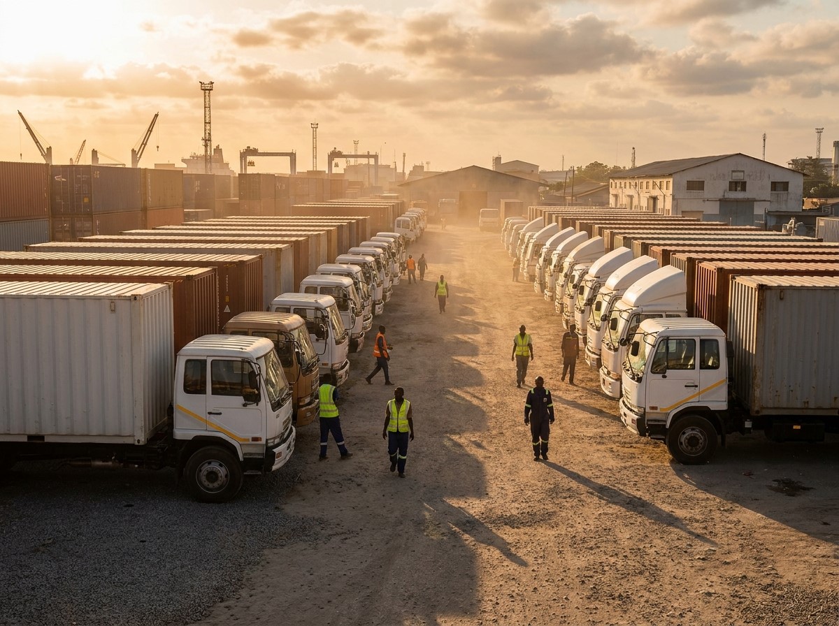 Truck fleet at depot, first light