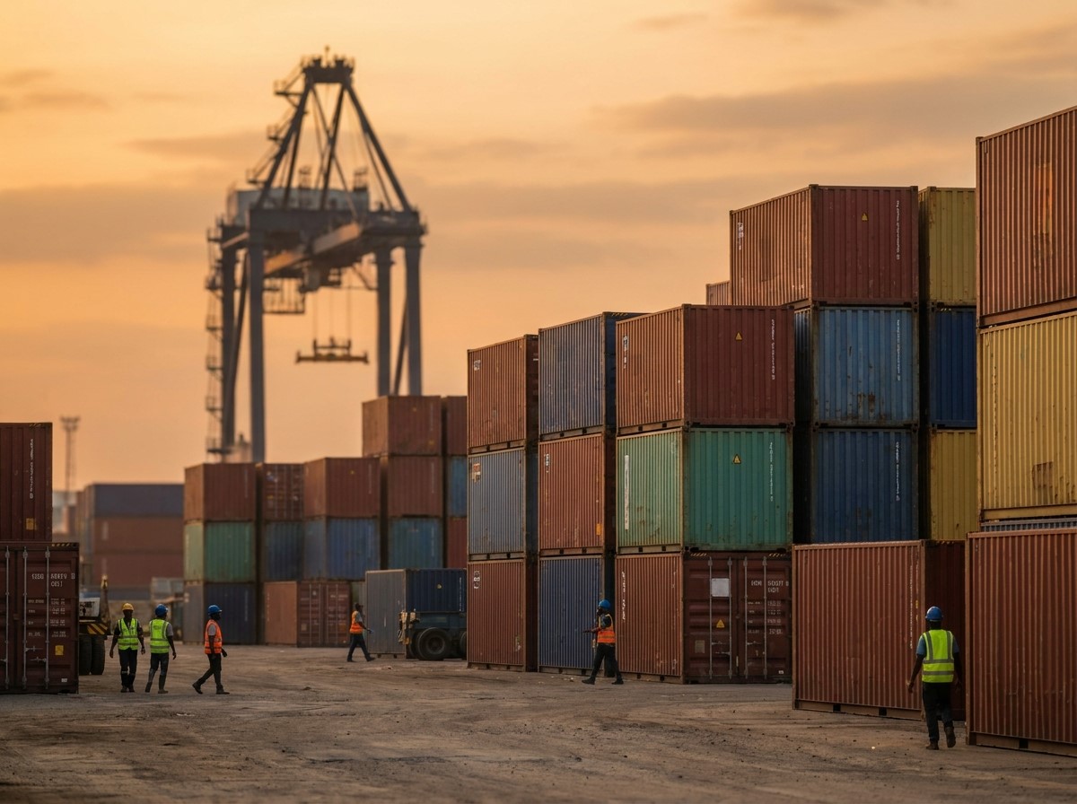 Stacked shipping containers, compressed geometry
