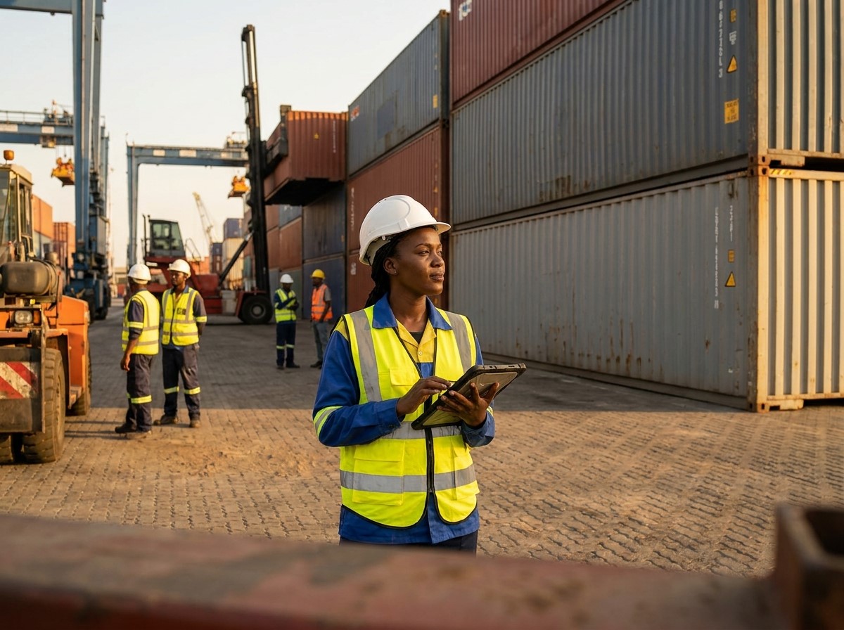 Logistics officer with a tablet, shipping containers behind
