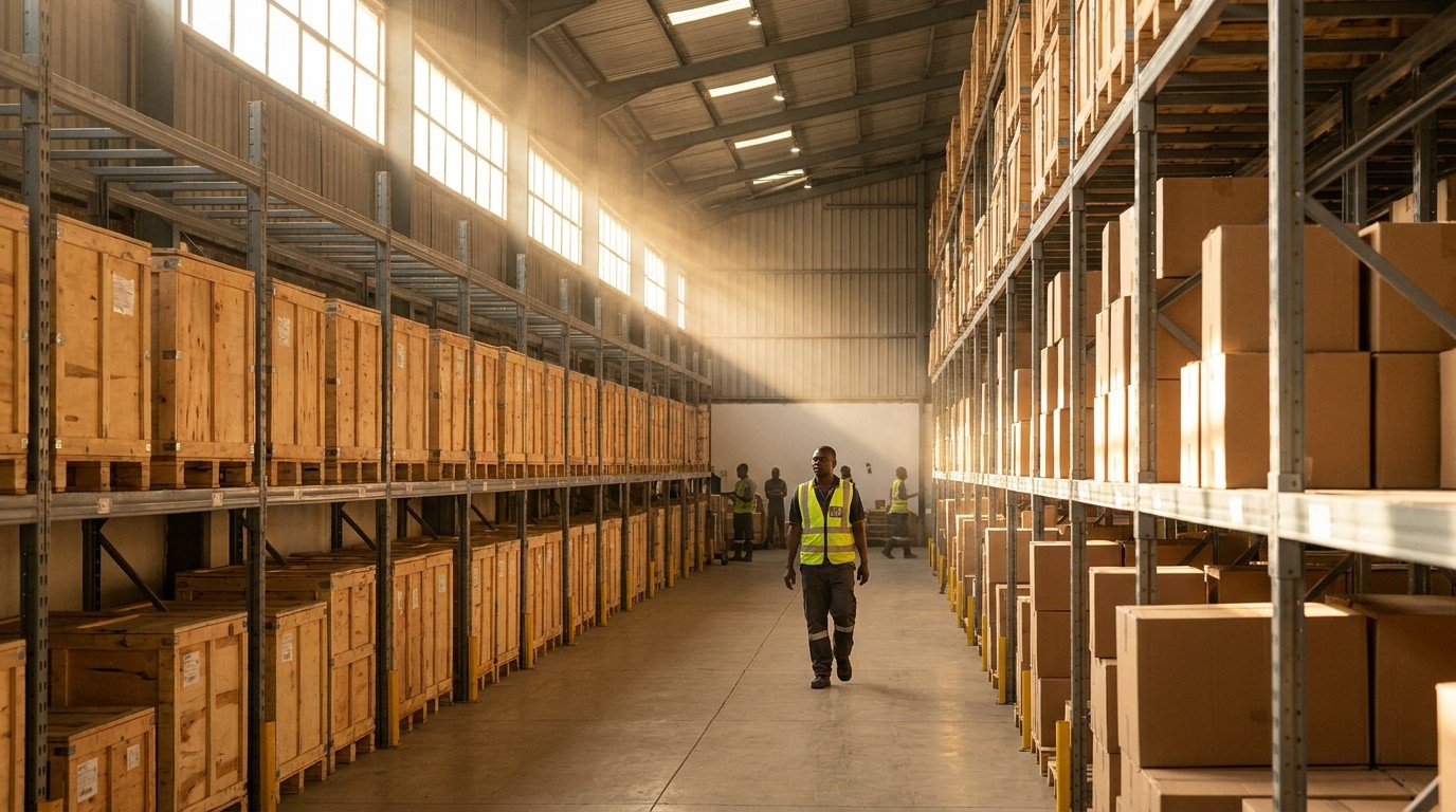 Warehouse racking aisle, stacked crates