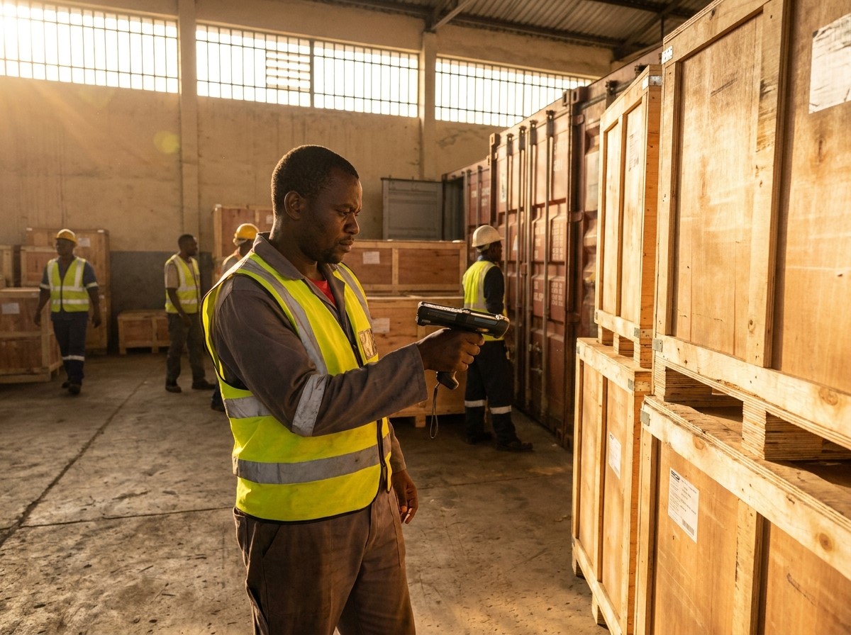 Warehouse worker checking inventory with a handheld scanner